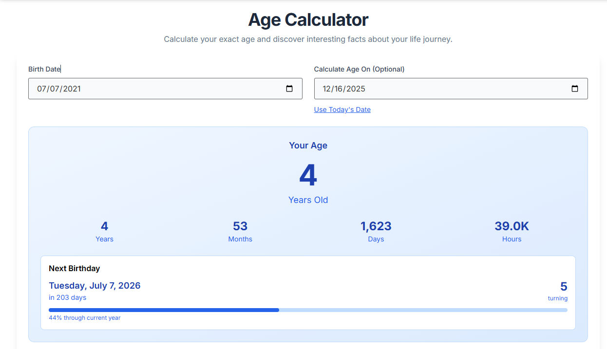 Accurate results from the Age Calculator showing age in years, months, and days.