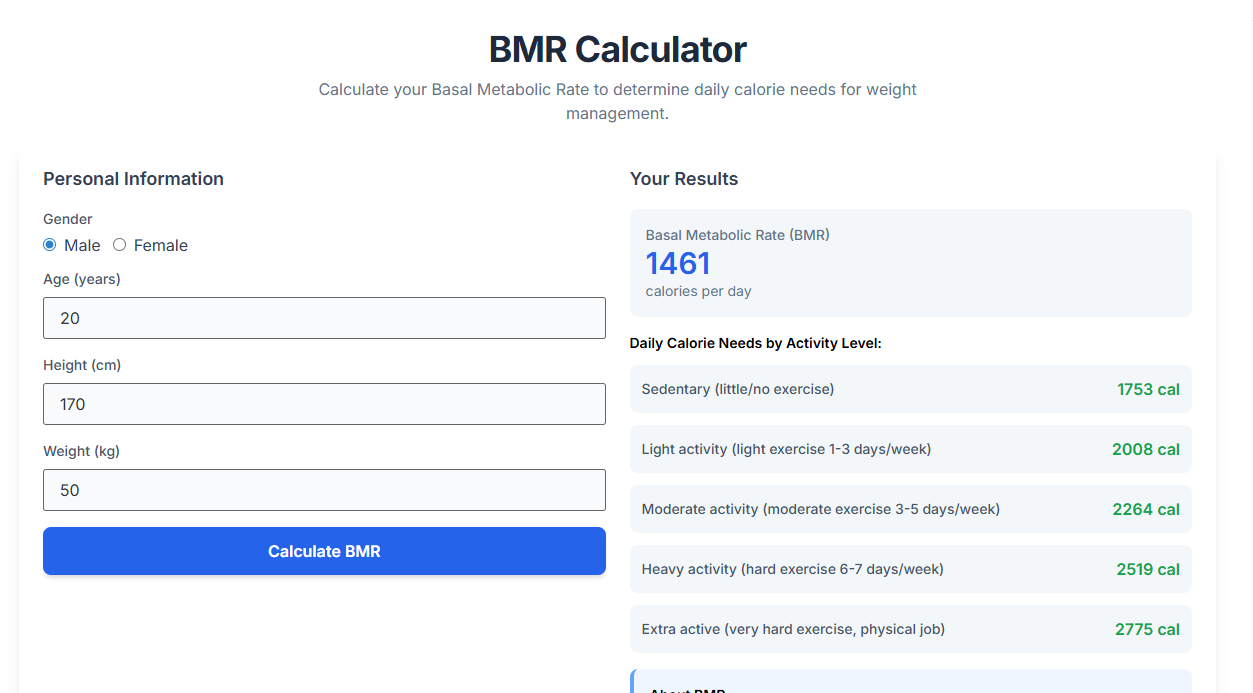 User interface of the BMR Calculator on Toolota.