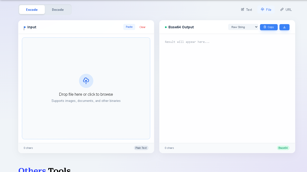 Toolota's Base64 Encoder & Decoder interface with key features highlighted.