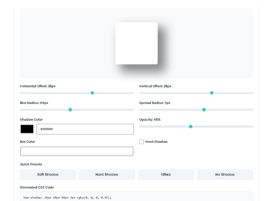 Toolota Box Shadow Generator creating a shadow for a modern website card.