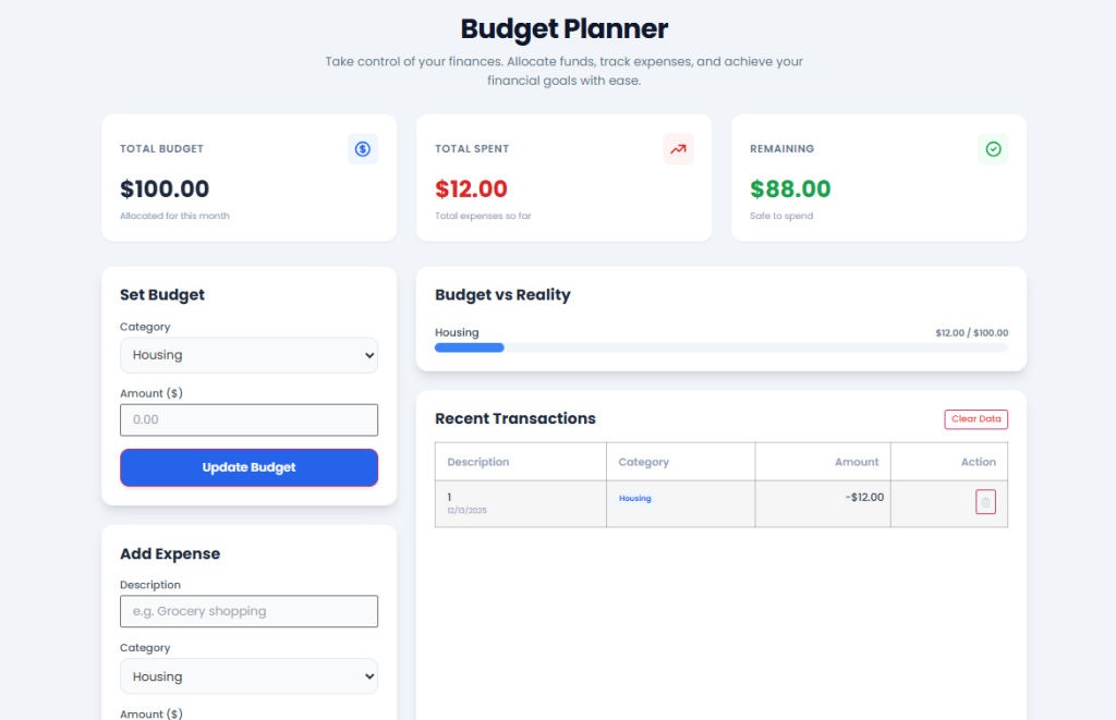 Toolota's Budget Planner dashboard displaying current balance and expense breakdown.