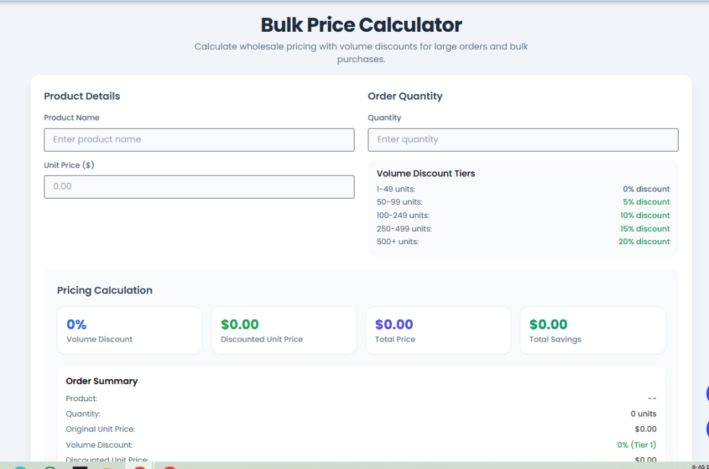 Bulk Price Calculator UI showing successful volume discount calculation.