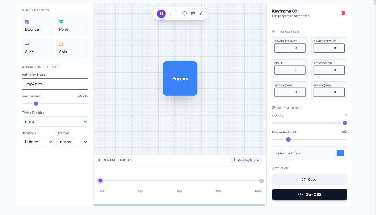 A user creating a complex bounce effect with the CSS Animation Keyframe Generator from Toolota.