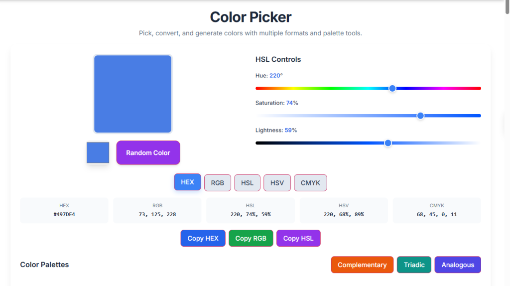 Professional Color Picker interface showing a vibrant color wheel