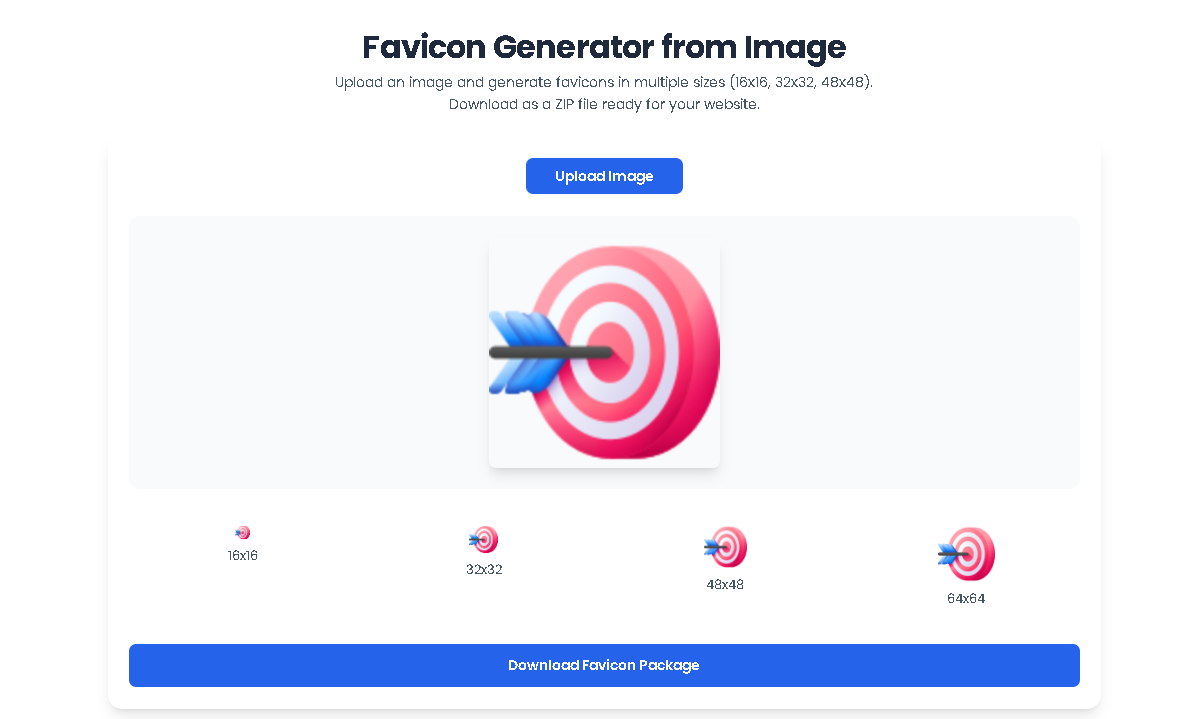 Toolota's Favicon Generator from Image interface showing instant previews of different icon sizes.