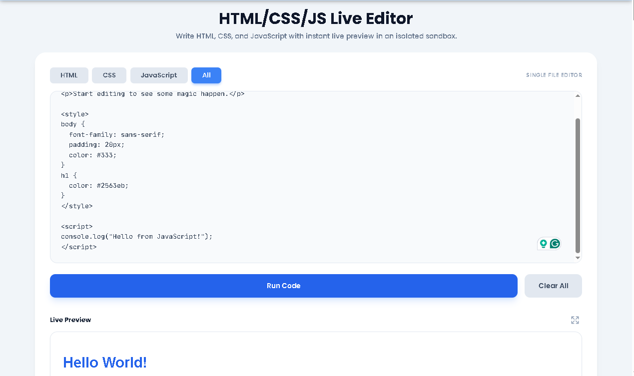 A screenshot of the HTML/CSS/JS (Live Editor) interface showing the HTML and Preview sections side-by-side.