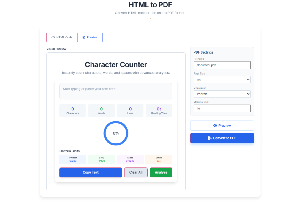 Toolota Magic HTML to PDF Converter Interface with Live Preview