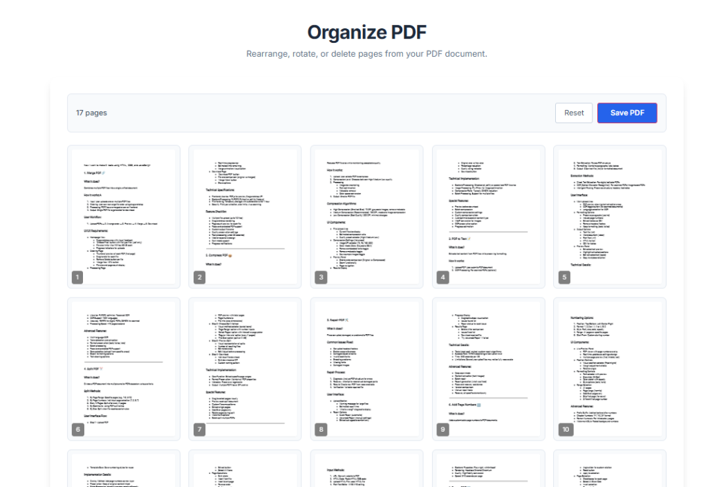 Toolota's intuitive interface to organize PDF pages visually.