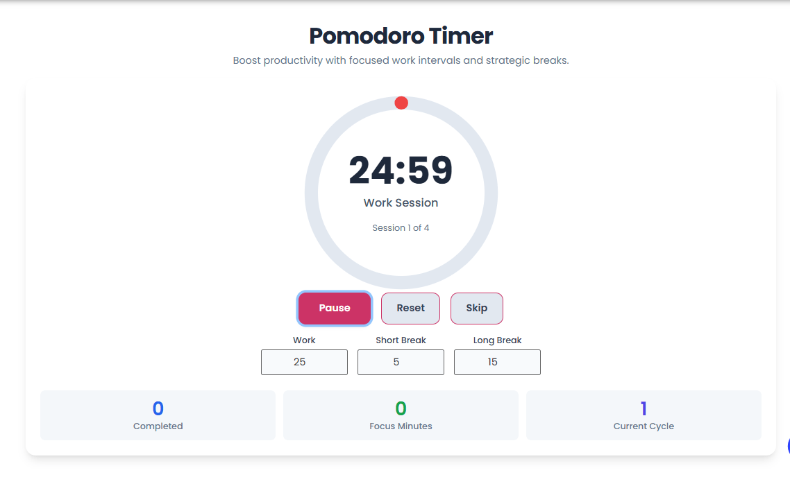 Full-screen view of the digital Pomodoro Timer by Toolota showing 15:30 remaining in a focused work session.