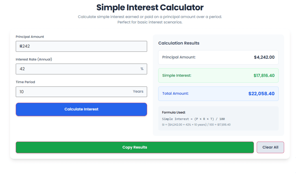 Amazing Simple Interest Calculator results: total amount and interest earned.