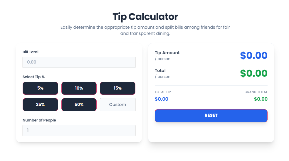 Tip Calculator interface showing bill input, percentage selection, and automatic calculation results"