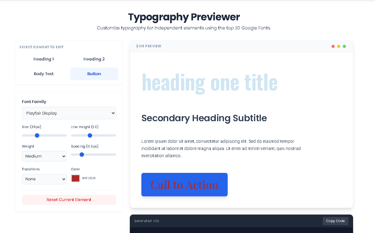 Toolota's live Typography Previewer interface customizing font styles."