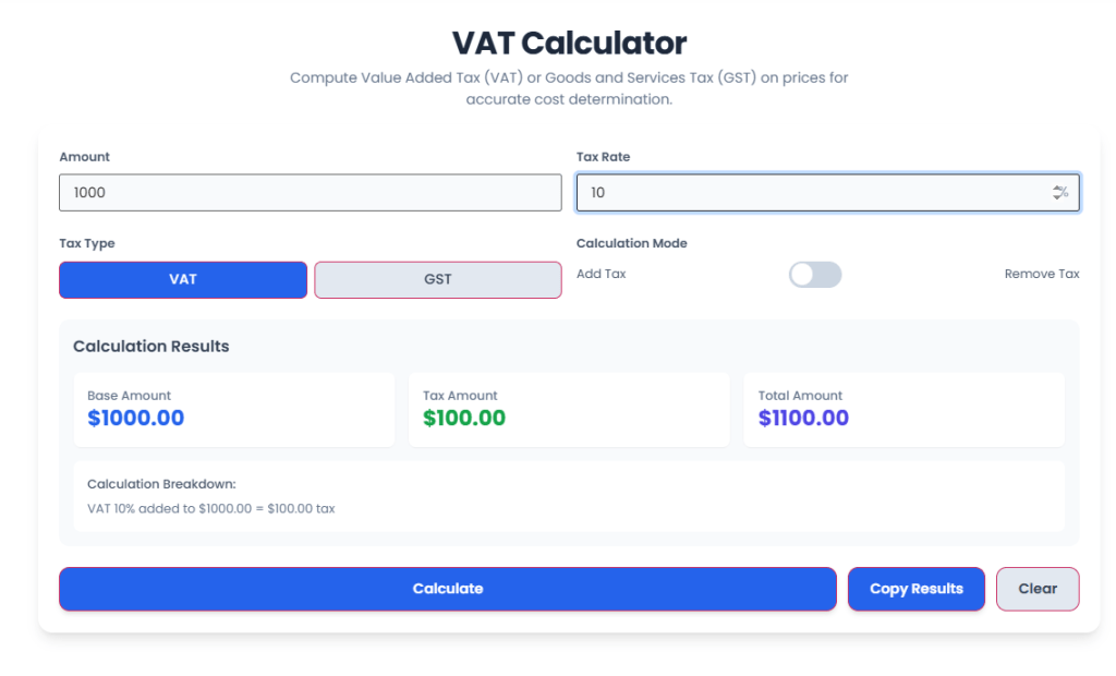 VAT Calculator interface displaying net amount, VAT amount, and gross total calculation results