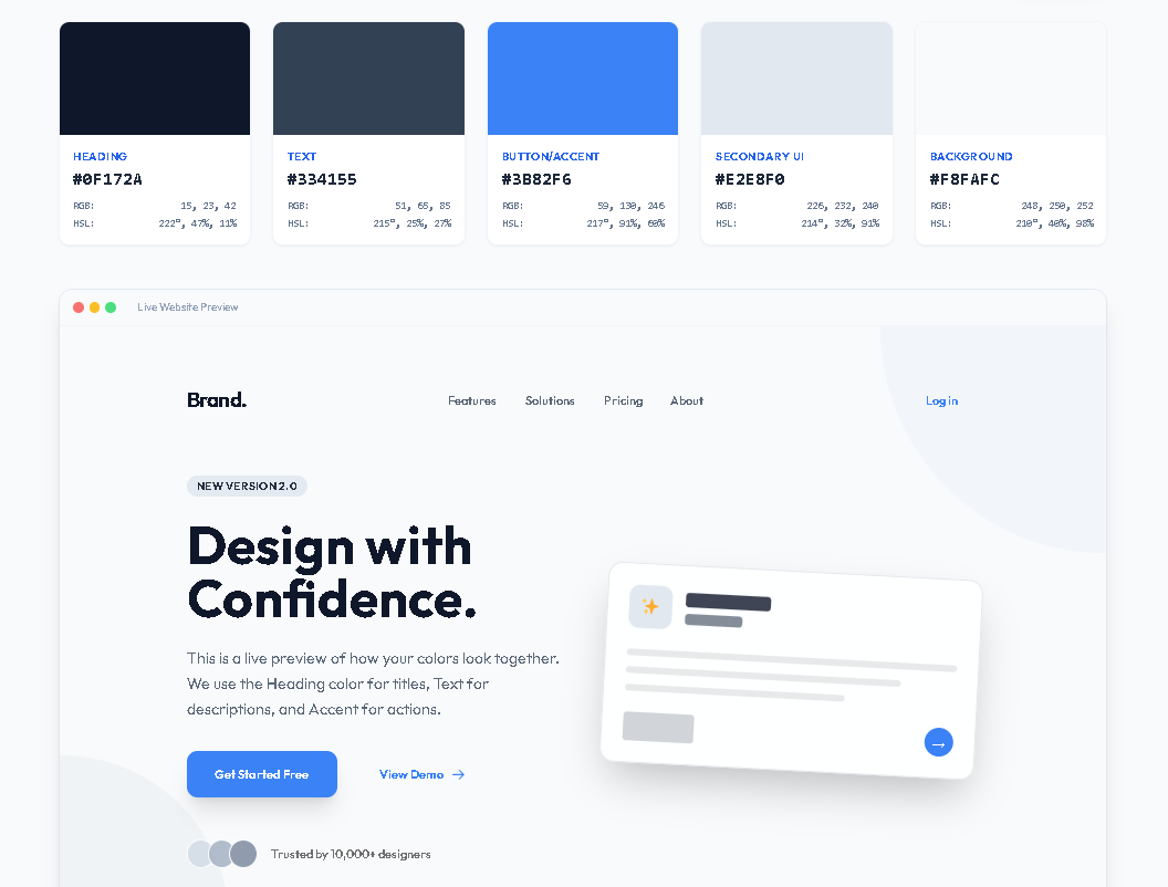 Toolota Website Color Planet Maker tool generating a palette for a modern business website.