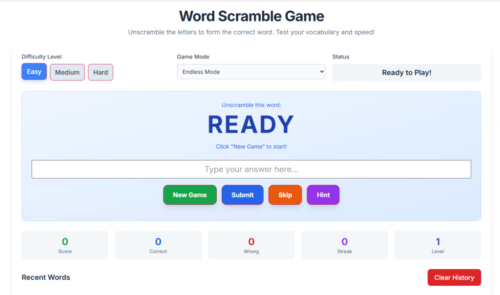 User playing Word Scramble Game on a laptop showing a high score.