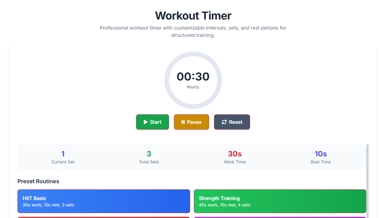 A professional Workout Timer interface showing work and rest intervals.