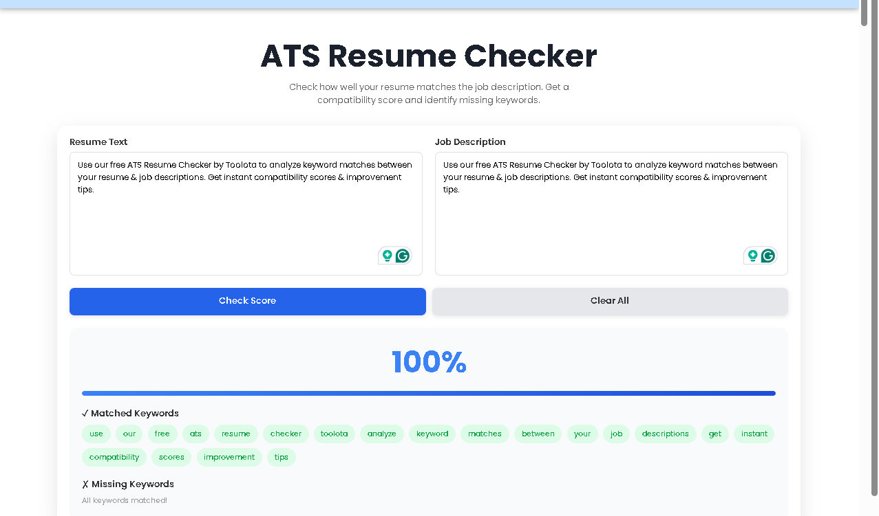 Toolota ATS Resume Checker tool interface showing resume and job description text areas