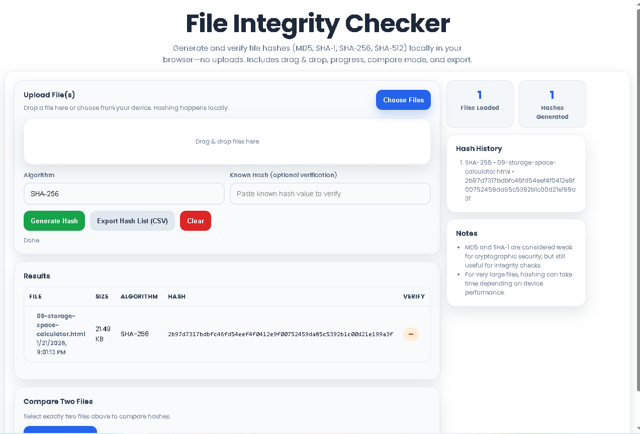 The Toolota File Integrity Checker interface showing file upload and hash results.