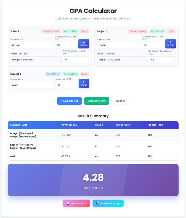 GPA Calculator export options PDF and image download