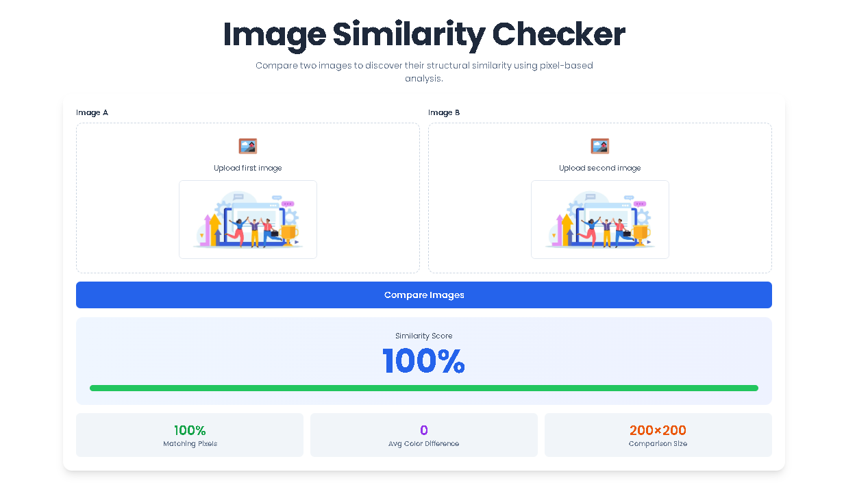 Understanding the detailed similarity score and metrics from the Image Similarity Checker analysis.