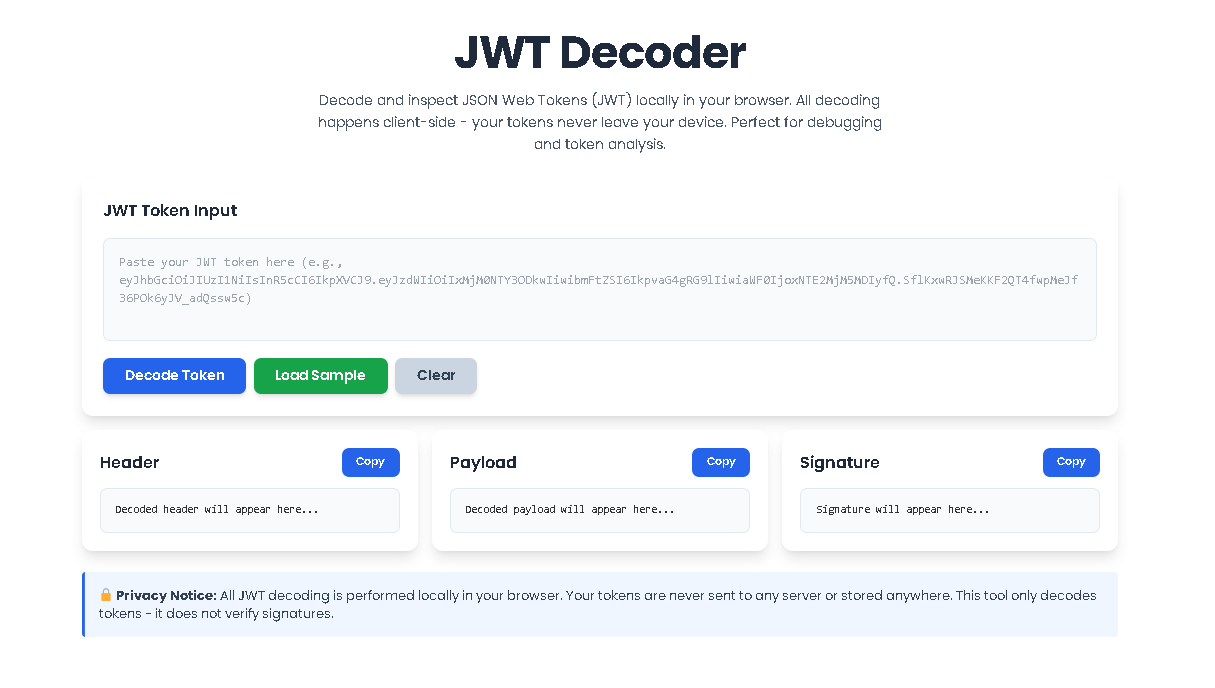 The JWT Decoder tool from Toolota showing decoded header, payload, and signature panels.