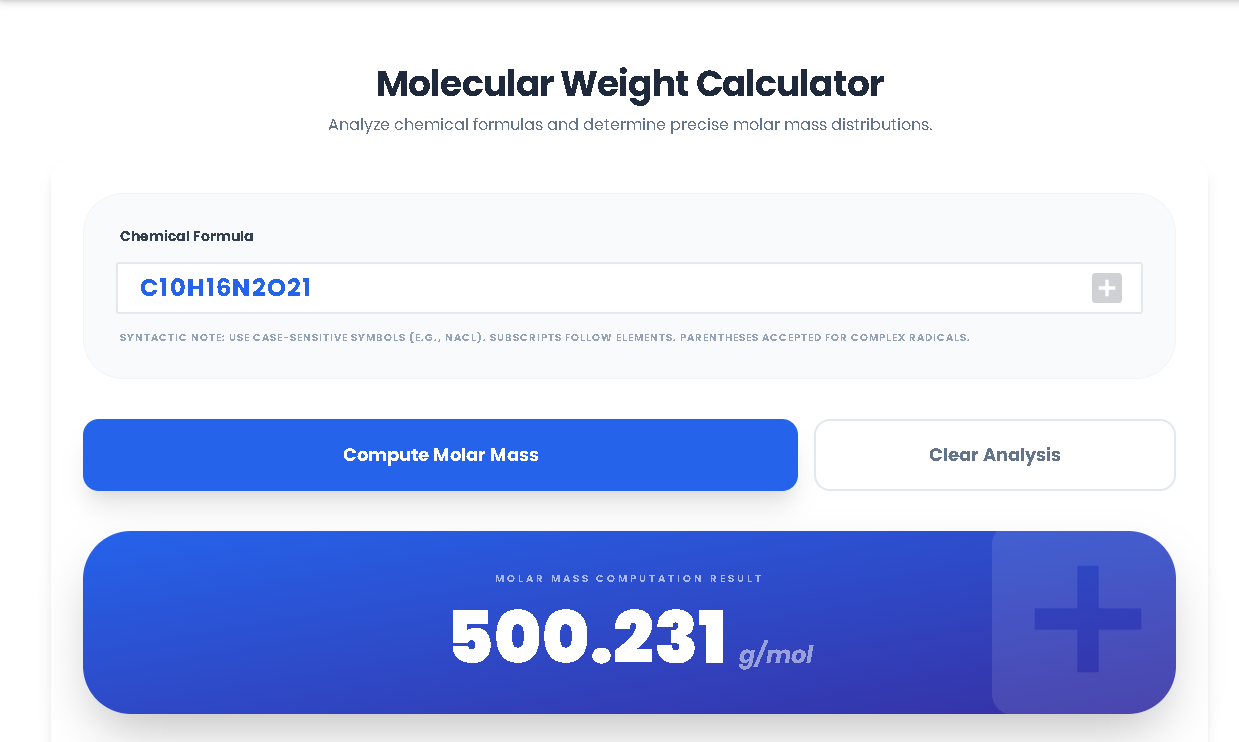 The Toolota Molecular Weight Calculator displaying the molar mass and elemental breakdown for glucose.