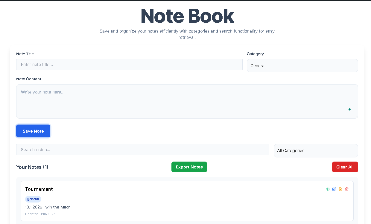 Organized list of notes with visible category tags and search bar active in Note Book with Toolota for quick filtering.