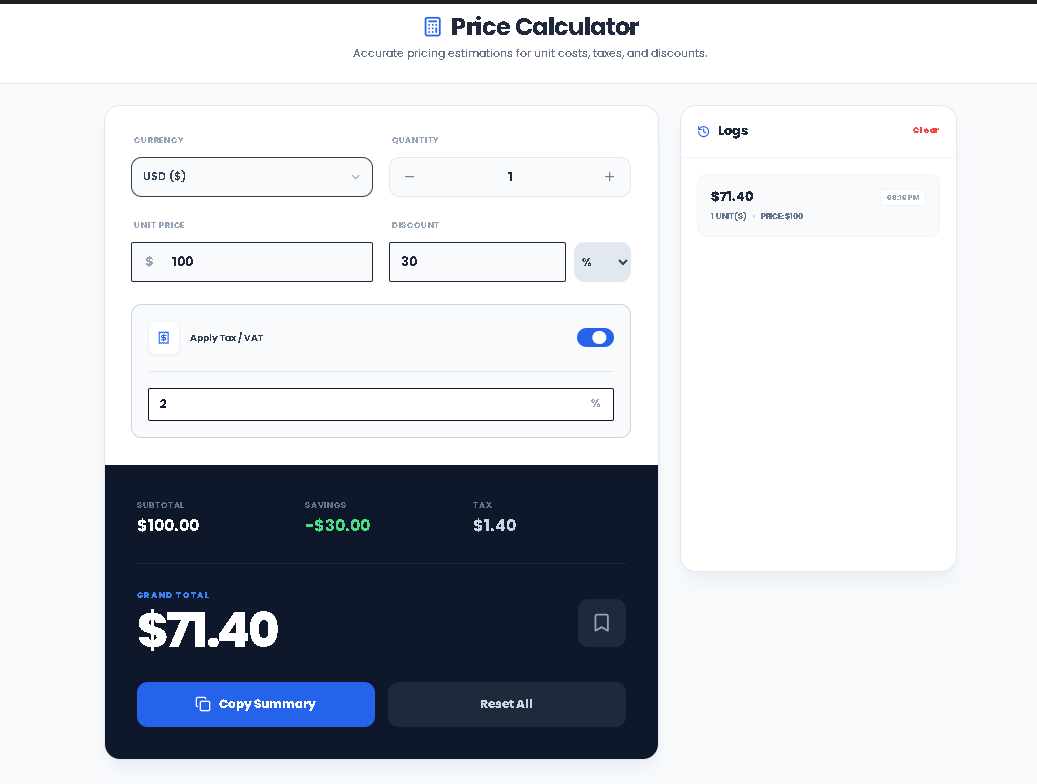 Step-by-step guide to using the Price Calculator tool.