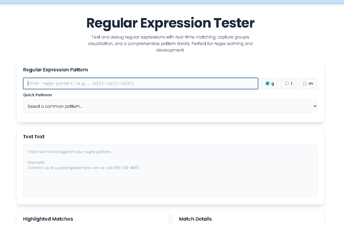 Toolota Regular Expression Tester interface showing pattern input, test text, and highlighted matches