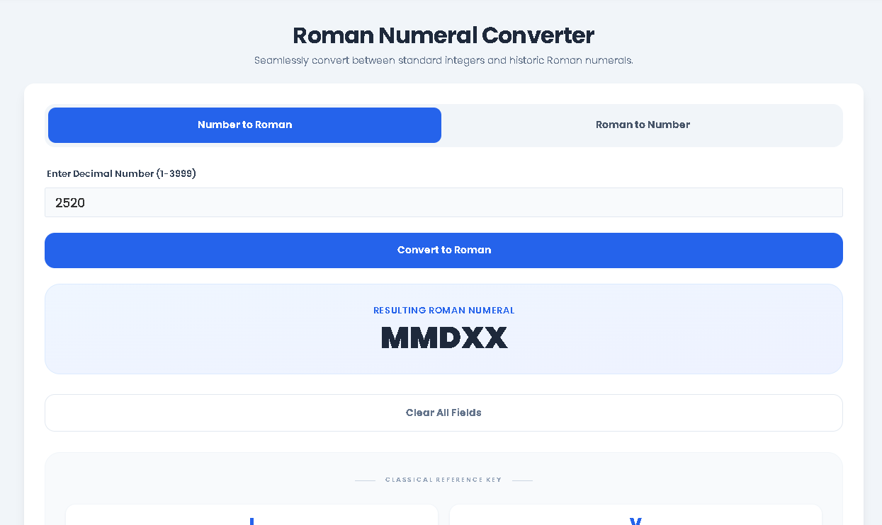 Roman Numeral Converter interface in action.