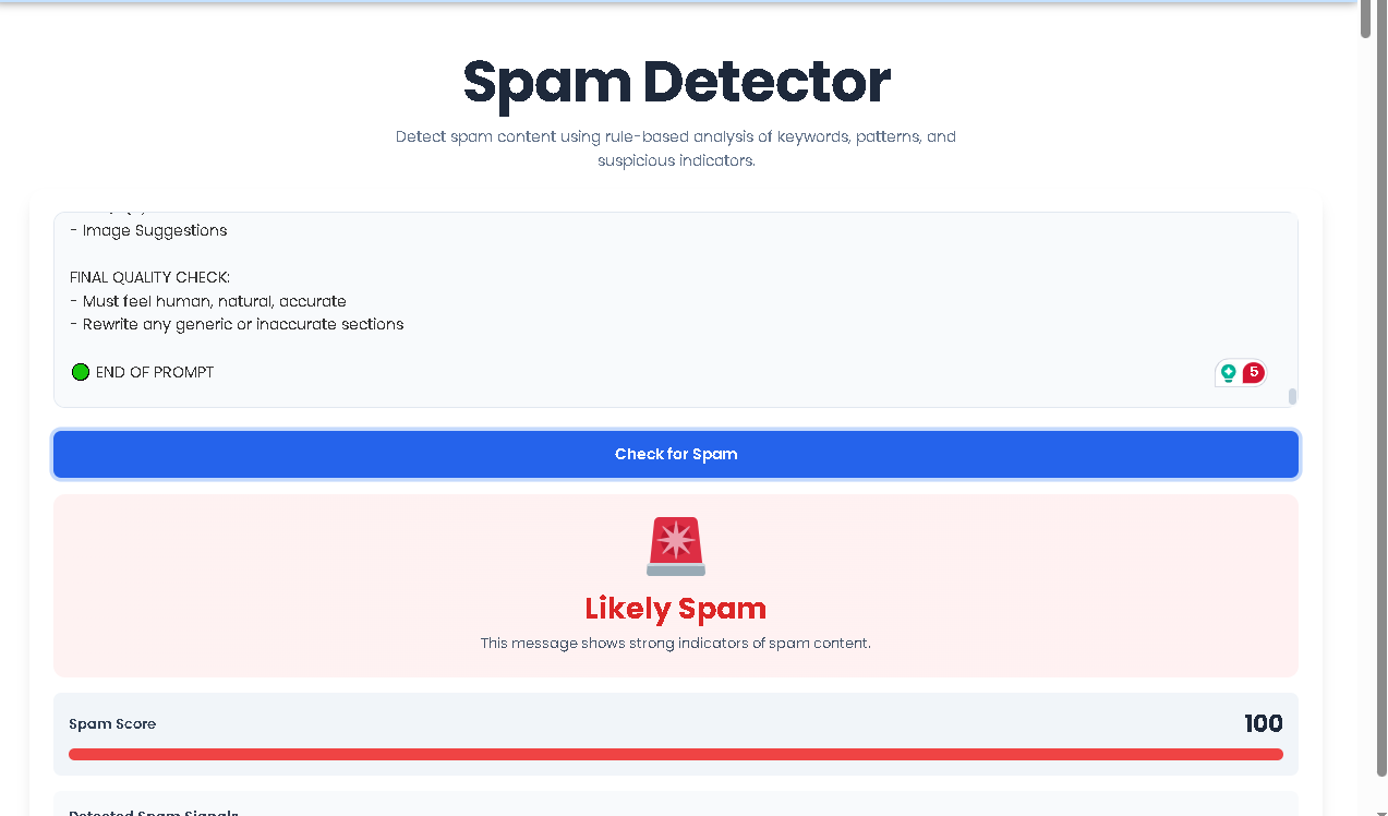 Spam Detector tool optimized for mobile devices and tablets