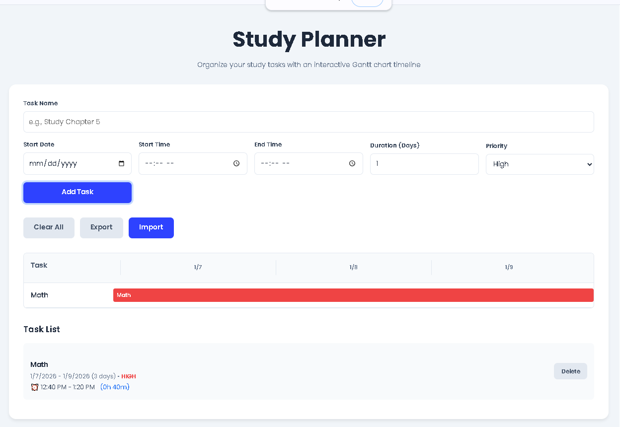 Visual study schedule made with the Study Planner by Toolota.