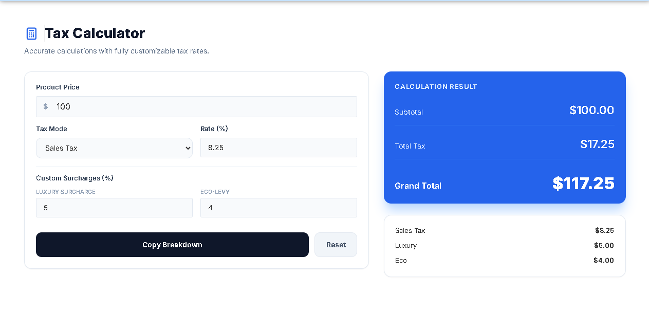 Toolota’s professional Tax calculator interface showing real-time sales tax and VAT calculations.