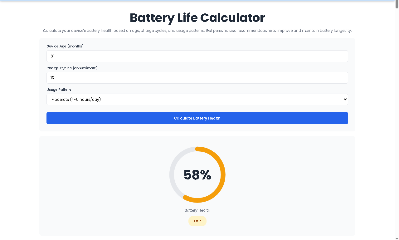 Battery Life Calculator showing 78% charge with 4 hours 20 minutes remaining on battery power