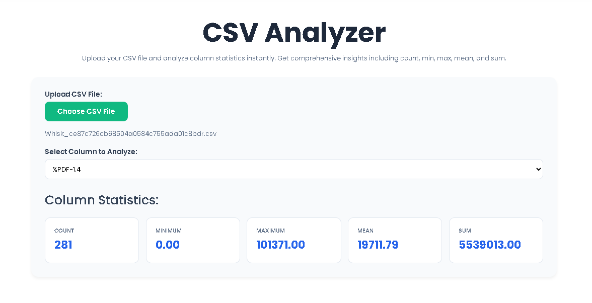 User uploading a CSV file to the Toolota CSV Analyzer tool interface.