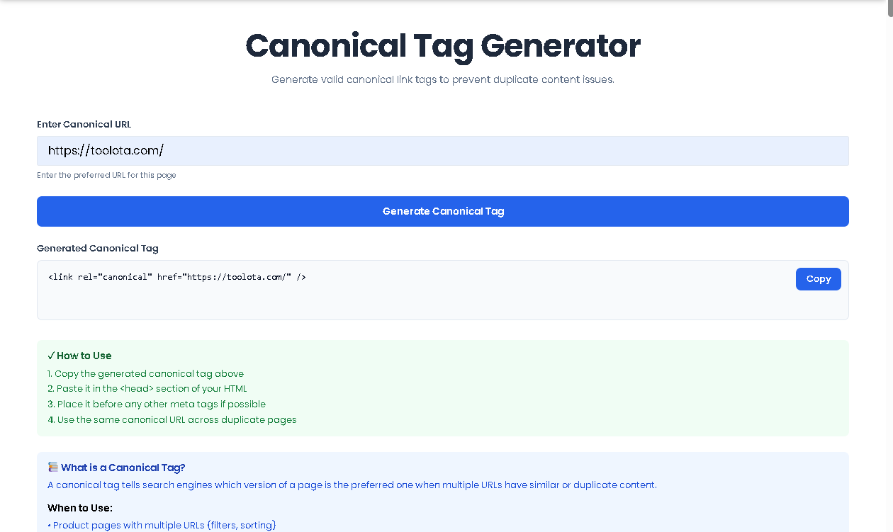 Canonical Tag Generator interface showing URL input field and generate button
