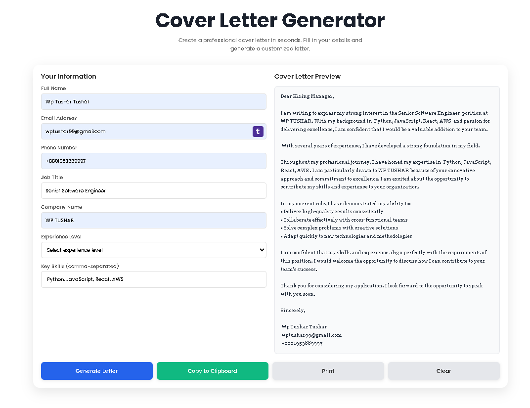 User interface of the Toolota Cover Letter Generator showing input form and live preview.
