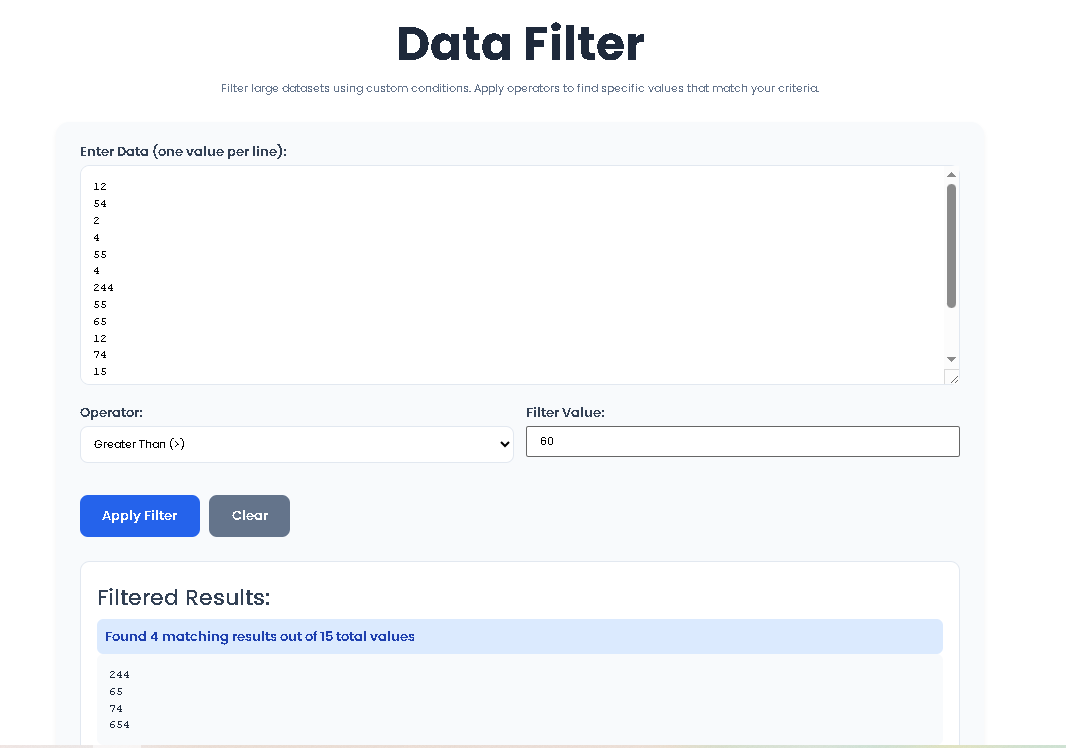 The clean user interface of Toolota's Data Filter tool showing input and filter controls.