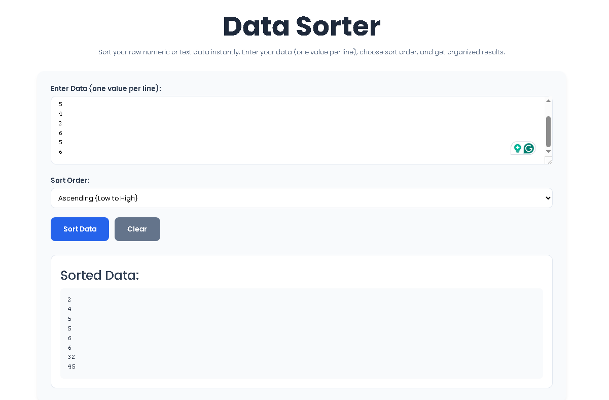 Data Sorter interface showing input field, ascending/descending options, and sorted output results