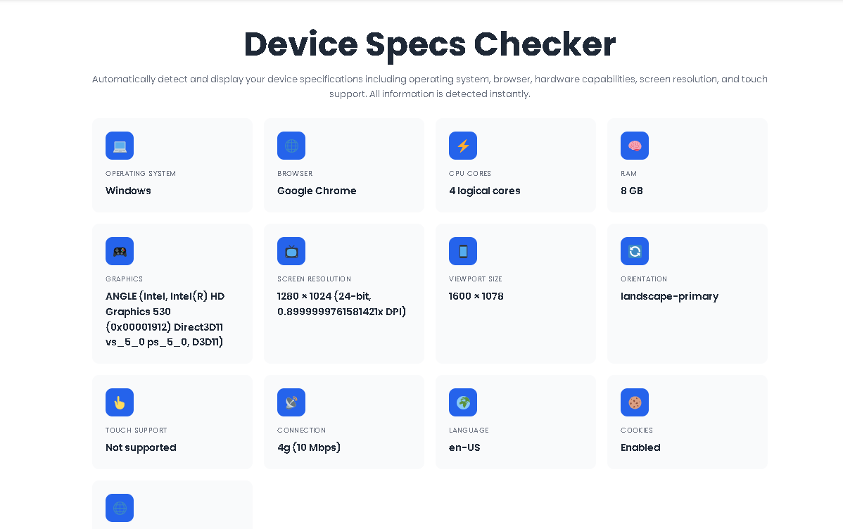 Device Specs Checker displayed on laptop and mobile showing CPU, RAM, and screen resolution