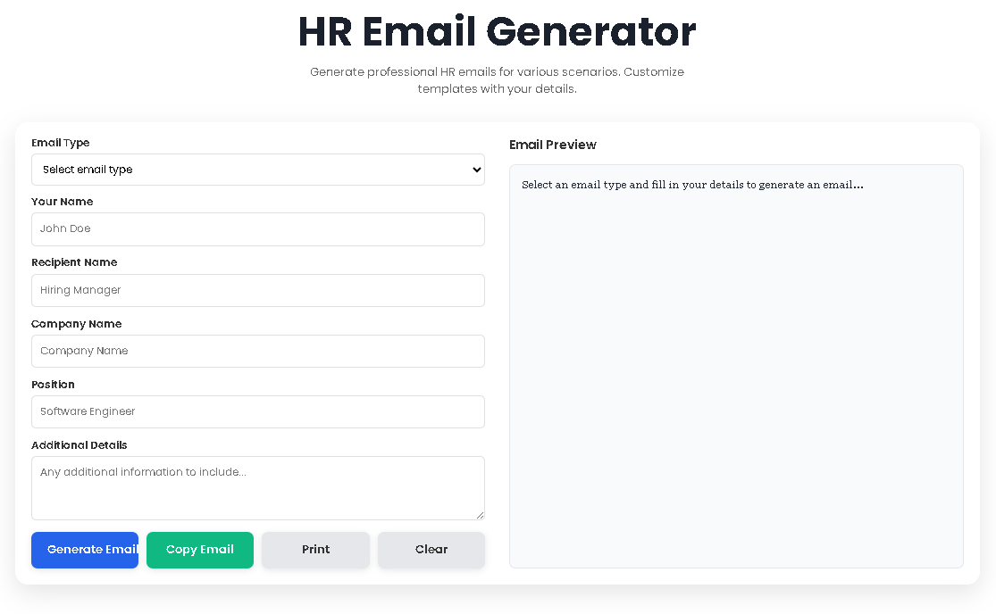 Toolota's HR Email Generator interface showing a customized thank you email template in real-time preview.