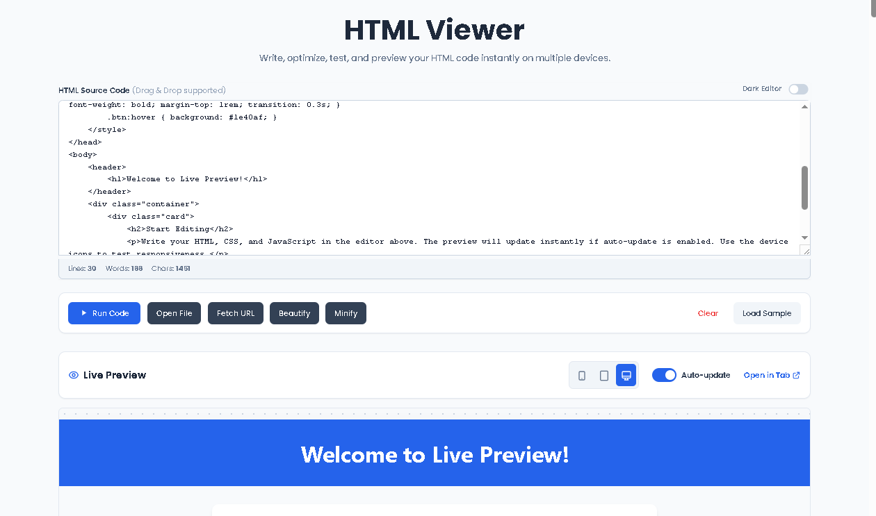 HTML Viewer beautify function transforming minified HTML code into properly indented, readable structure with line numbers visible