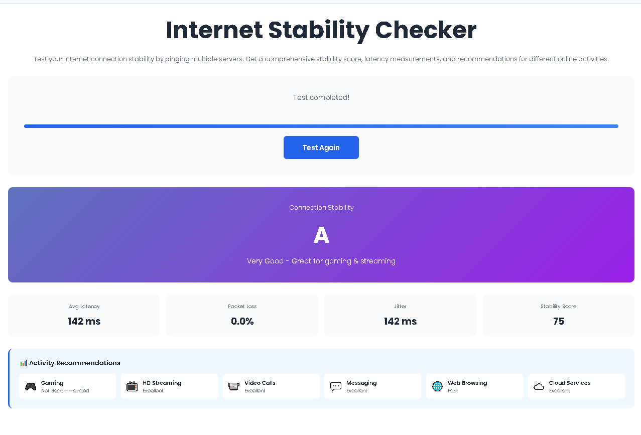 Internet Stability Checker interface showing blue start button and empty progress bar before testing