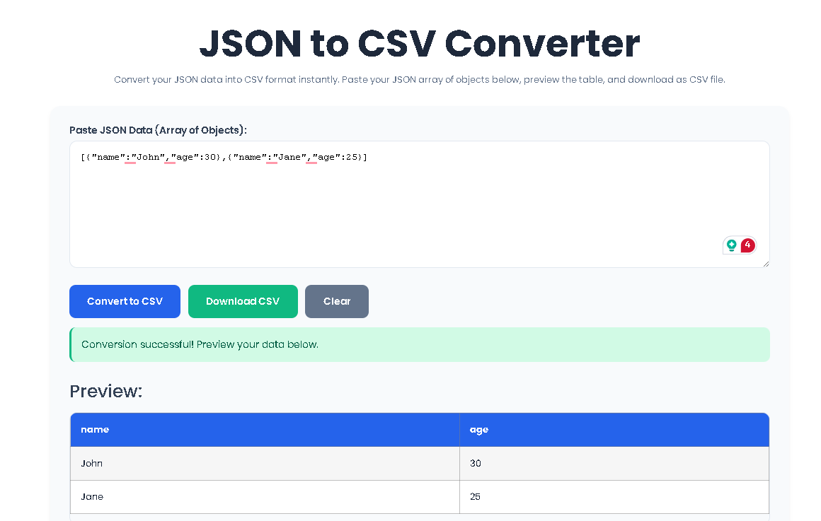 Toolota JSON to CSV Converter tool, resulting in a report in spreadsheet software.