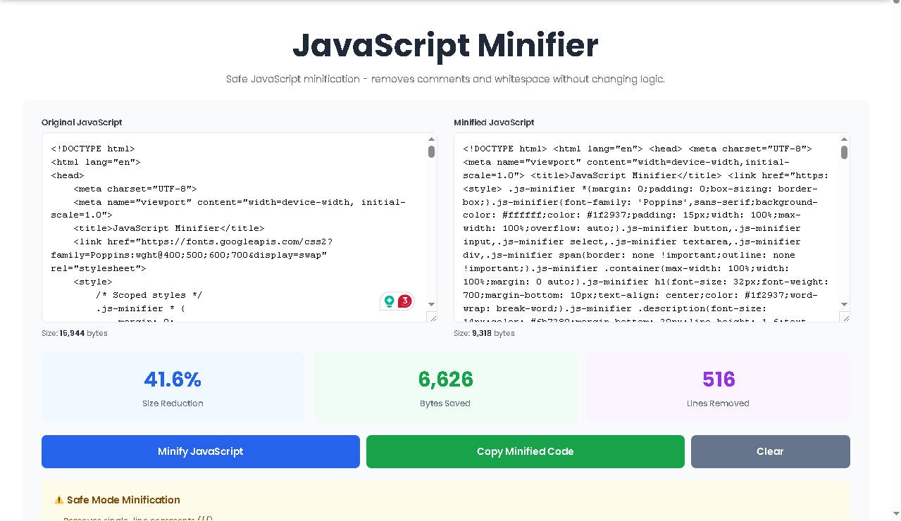 JavaScript Minifier comparison showing 70% size reduction with original formatted code and compressed minified output