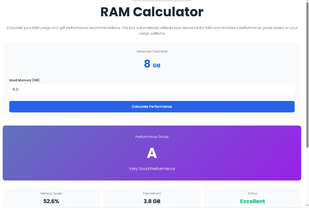 RAM Calculator interface showing detected total RAM and performance grade