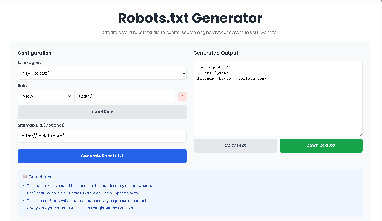 Robots txt Generator main interface showing user-agent selection and rule configuration panels from Toolota
