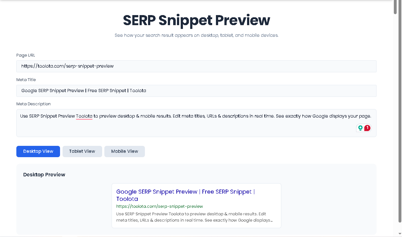 SERP Snippet Preview input form with URL, meta title, and meta description fields ready for editing