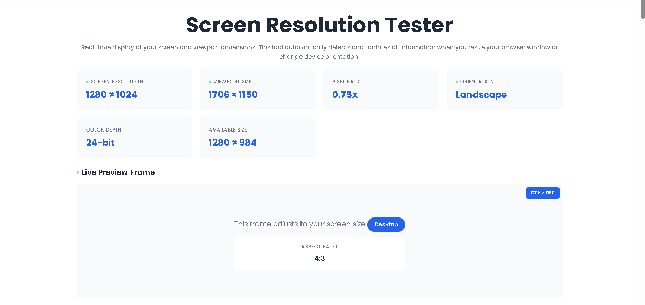 Screen Resolution Tester displaying 16:9 aspect ratio detected from 1920x1080 screen resolution