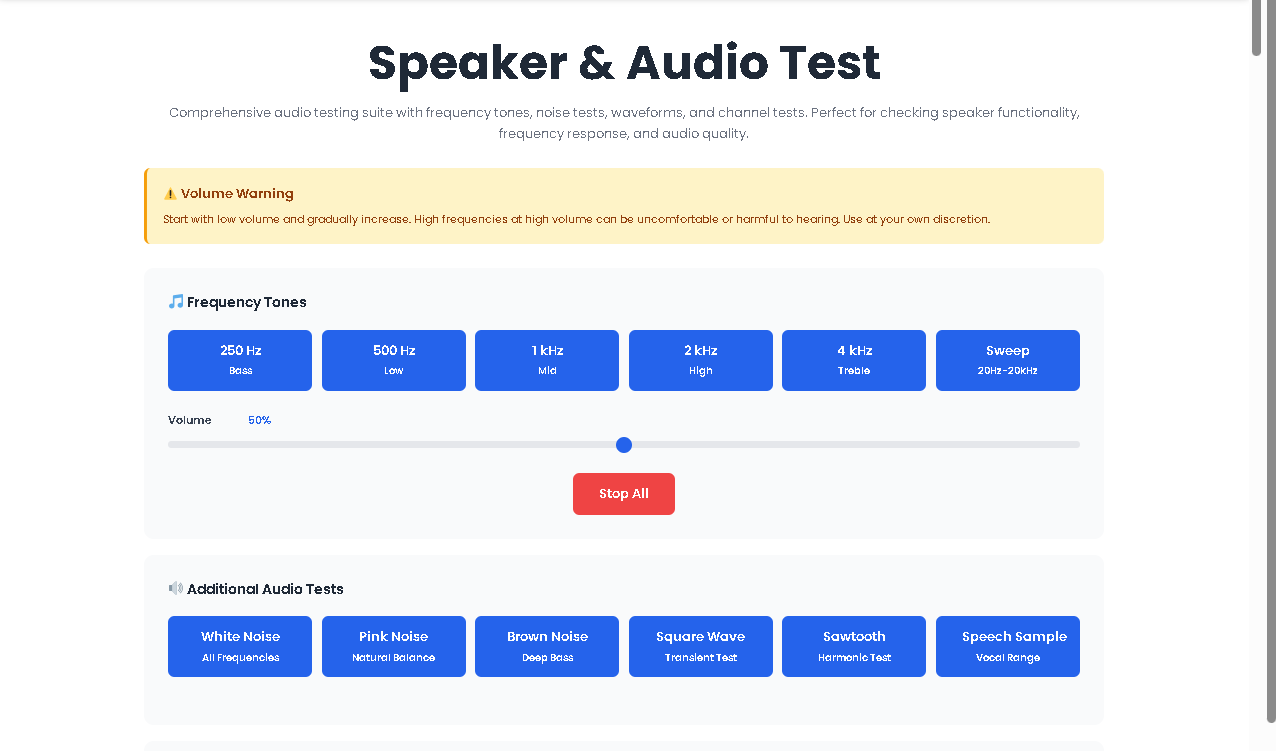 Speaker & Audio Test interface showing frequency sweep button on multiple devices.